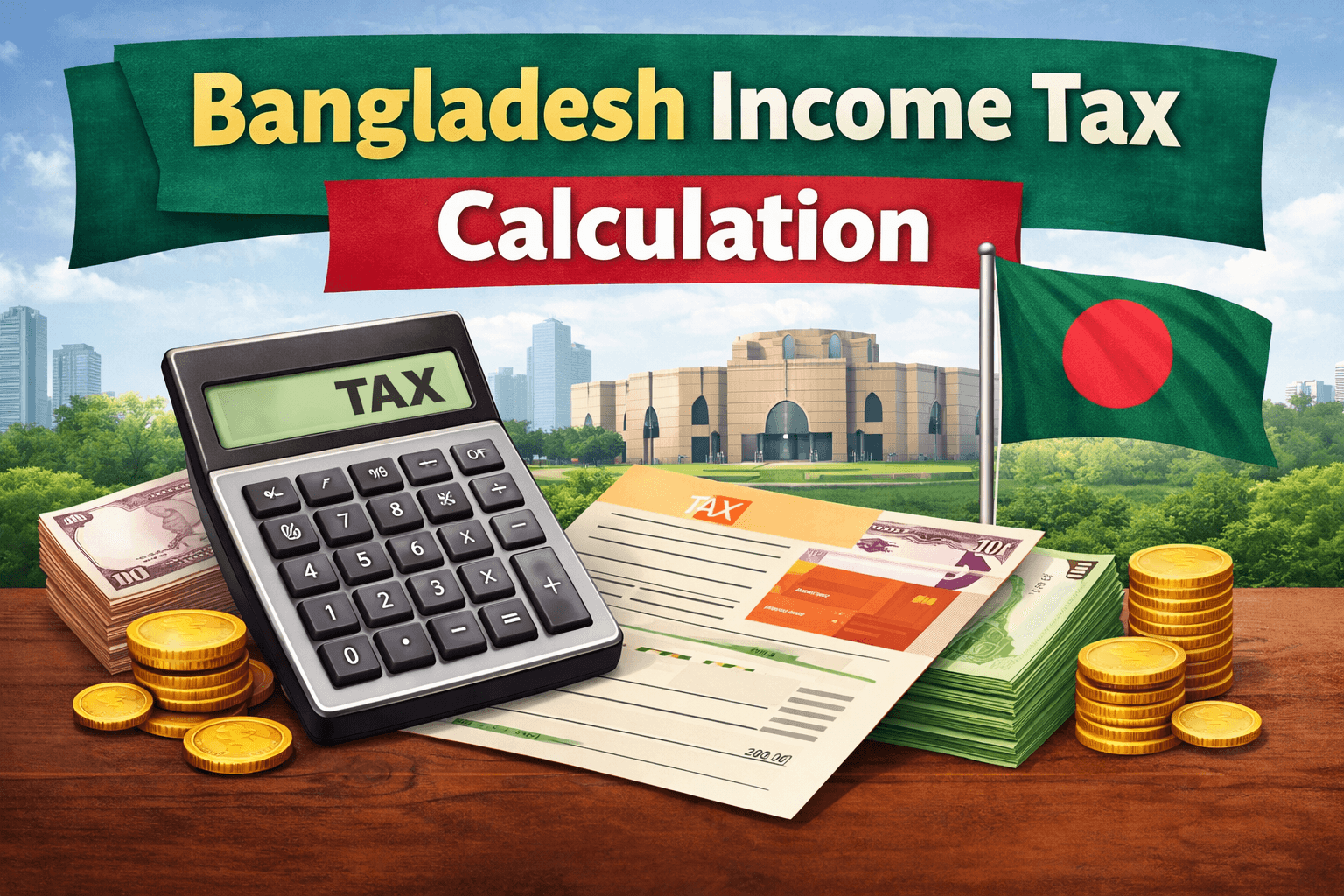 Bangladesh income tax calculation concept with calculator, money, and national flag