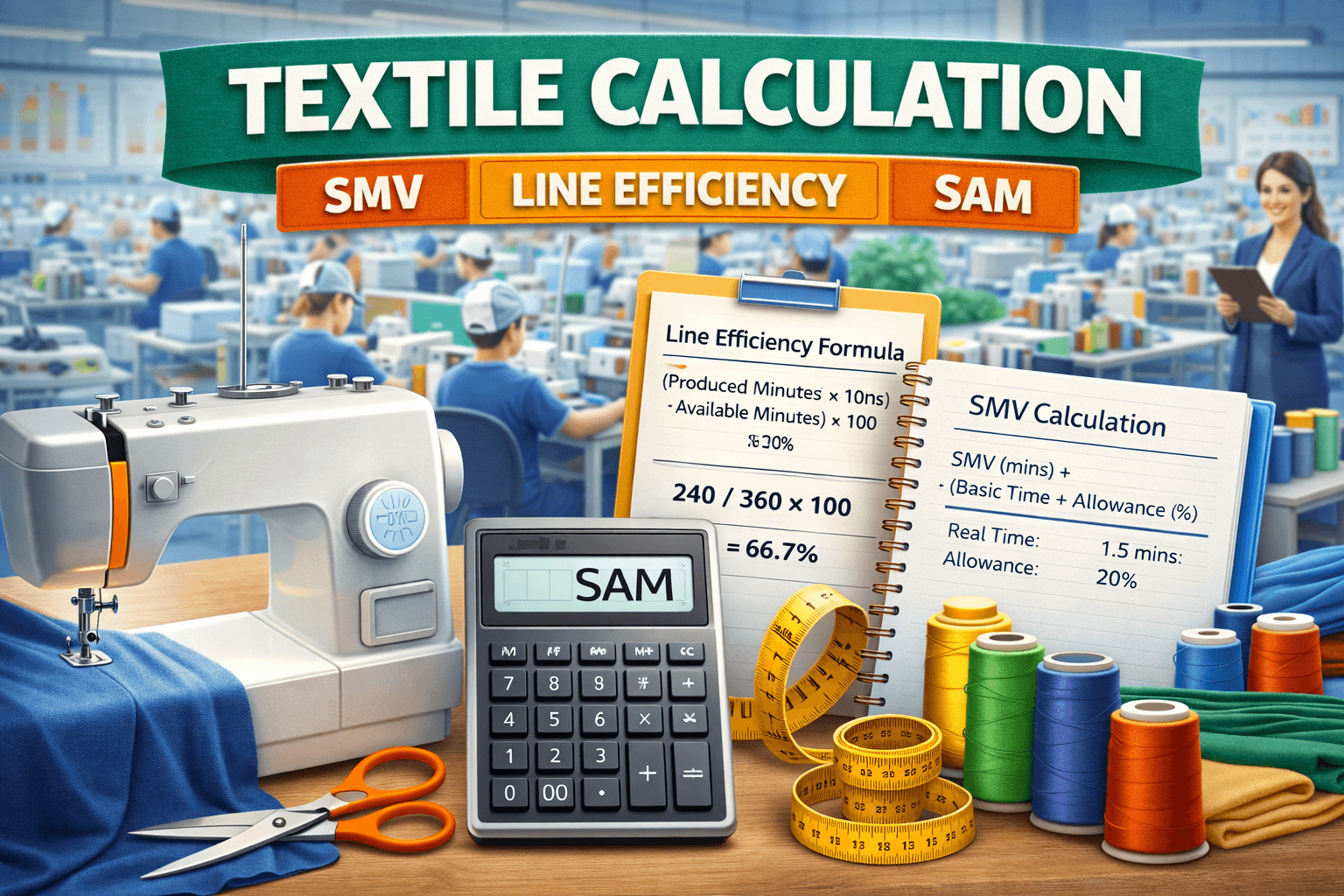 Textile IE calculation guide visual for SMV, line efficiency, and SAM